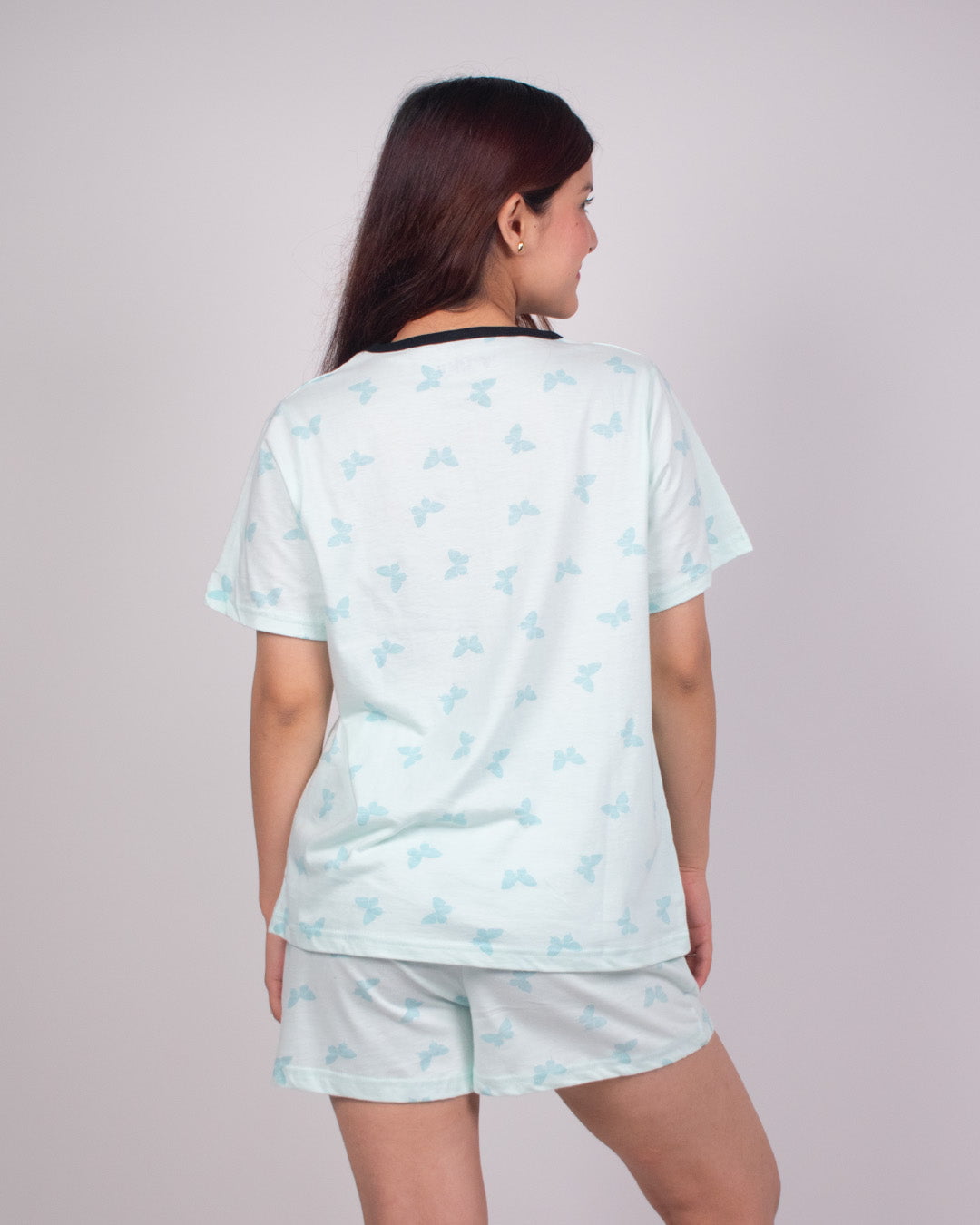 Butterfly Breeze Cotton Shorts Set – pale aqua top with butterfly print and matching shorts, worn by model.