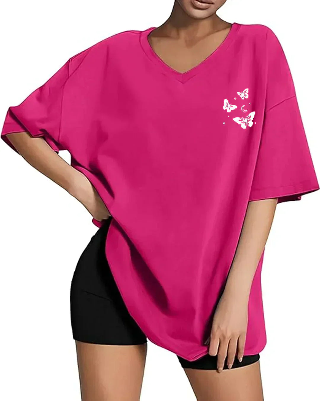 Butterfly V-Neck Oversize T-Shirt - hot pink oversized DKY tee with white butterfly print, worn by model.