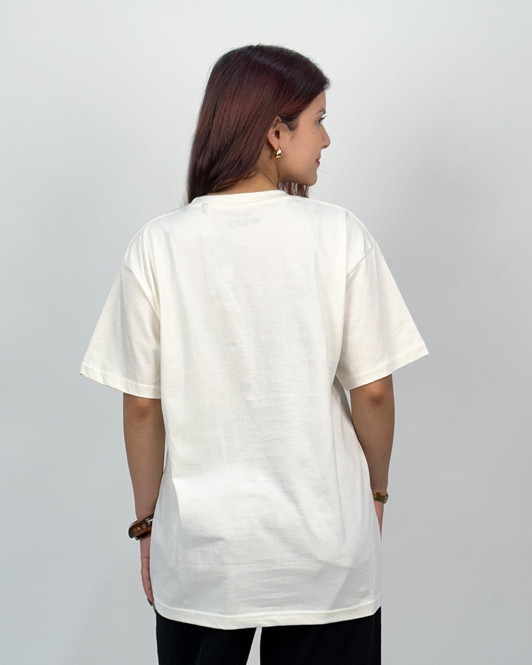 Caffeine N Confidence Oversized T-Shirt – white, relaxed oversized OS Graphic T-shirt with plain back view worn by model
