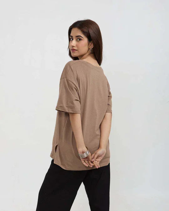 Camel Plain V-Neck Oversize T-Shirt - Shop Printed T shirt for Women Online In India | LoveDky