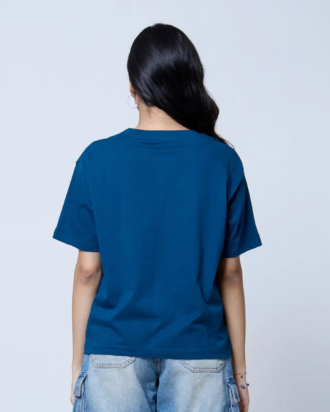 Casio Plain Boxy Oversize T-Shirt - teal blue, boxy short-sleeve tee worn by model (back view)