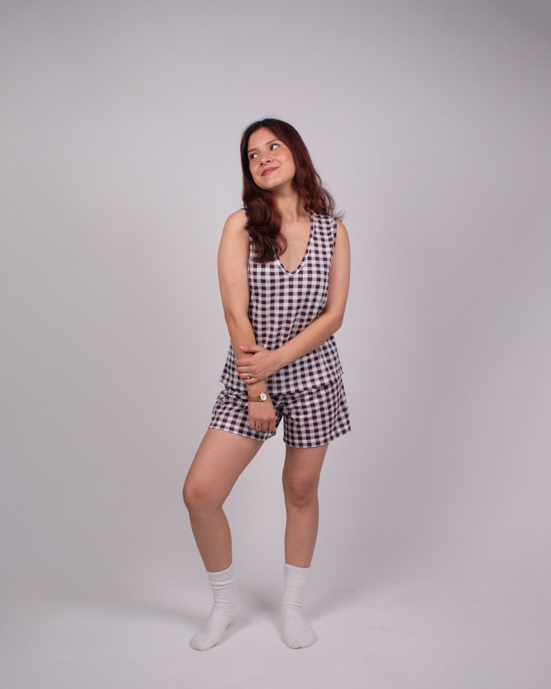 Checked Luna Co-Ord Set – maroon and white gingham two-piece, relaxed-fit top and shorts, worn by model