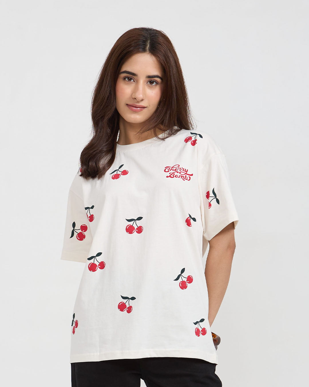 Shop Cherry Bomb Printed Oversized T-Shirt for Women in India