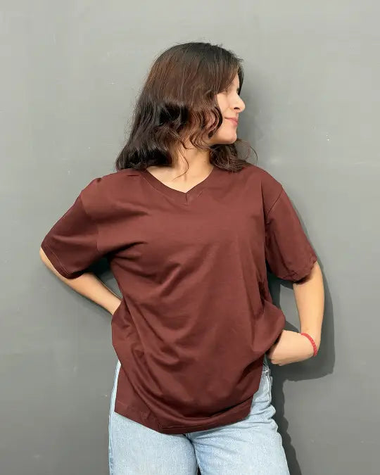 Cocoa Plain V-Neck Oversize T-Shirt - Shop Printed T shirt for Women Online In India | LoveDky