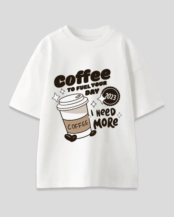 Coffee I Need More Oversized T-Shirt - white oversized graphic tee with brown coffee cup print.