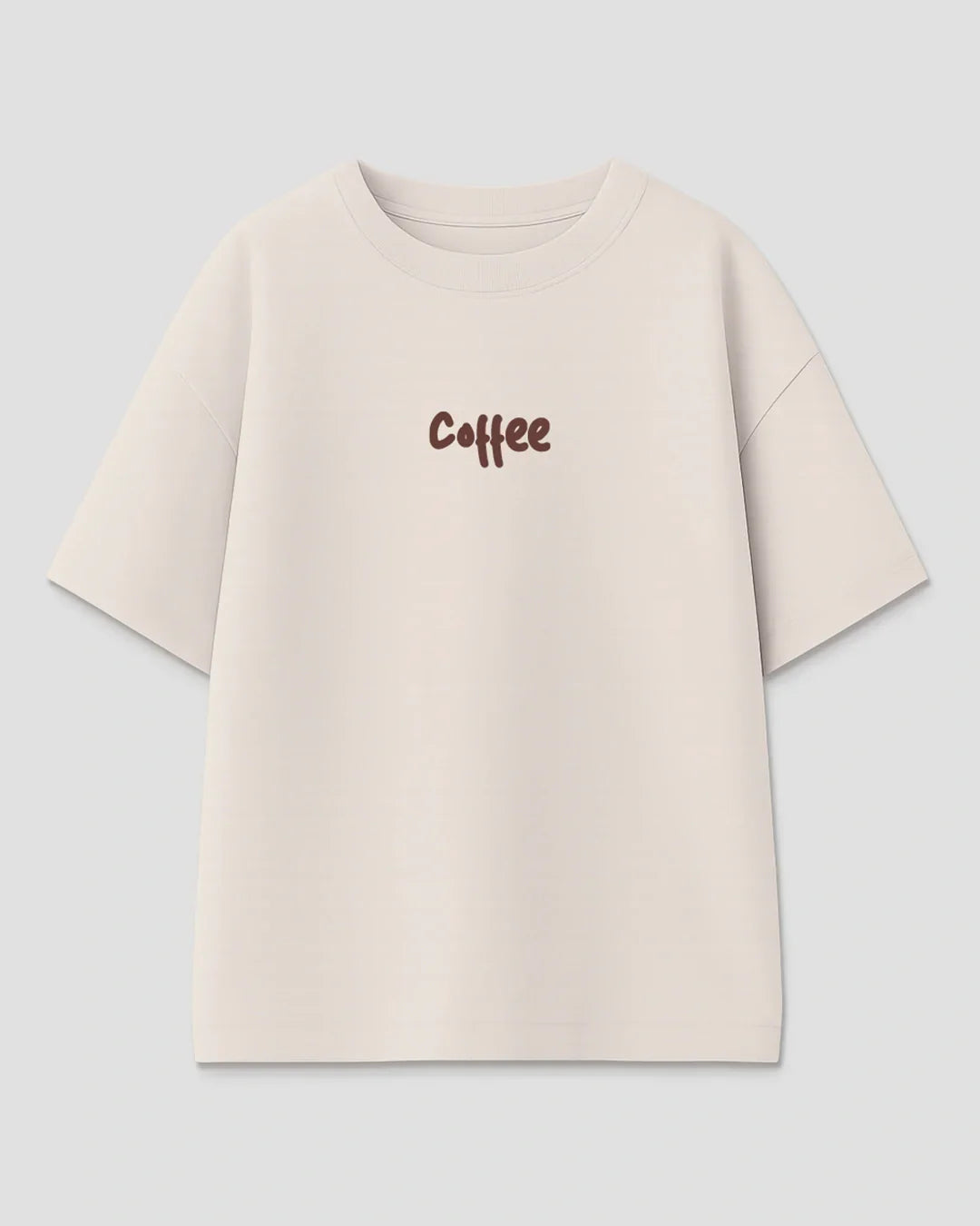 Coffee Oversized T-Shirt - beige OS Graphic with brown script Coffee text, shown in flat lay