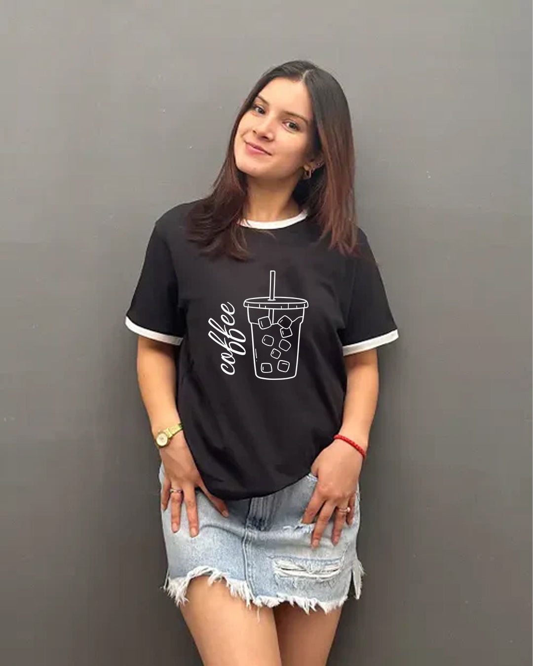 Coffee Tap Out Black T-Shirt – black regular tee graphic with a coffee cup and ice cubes, worn by model