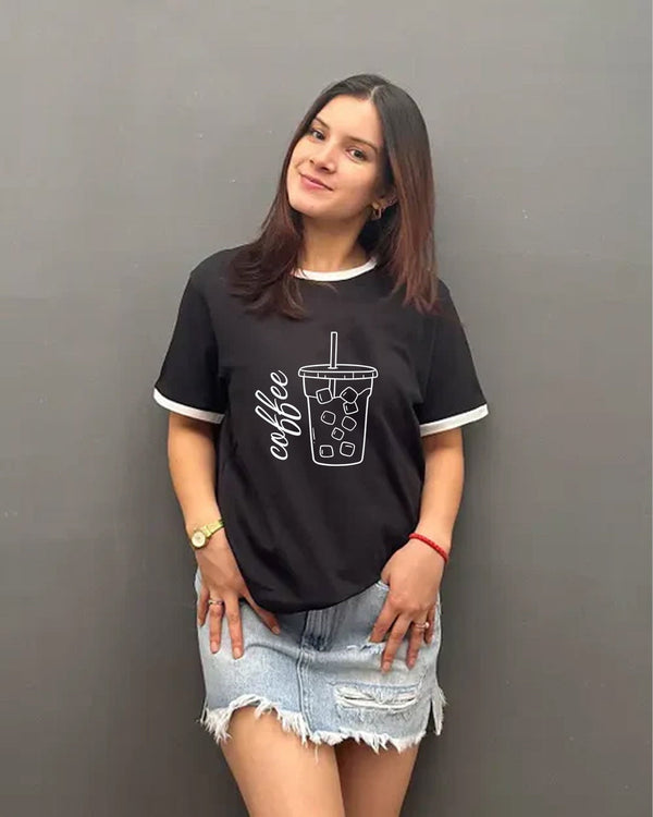 Coffee Tap Out Black T-Shirt – black regular tee graphic with a coffee cup and ice cubes, worn by model