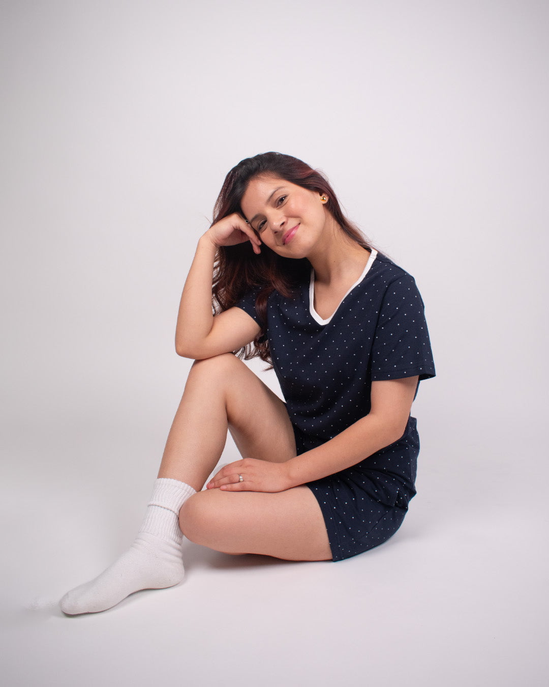 Confetti Cotton Shorts Set – navy with white polka dots, relaxed-fit shorts set worn by model