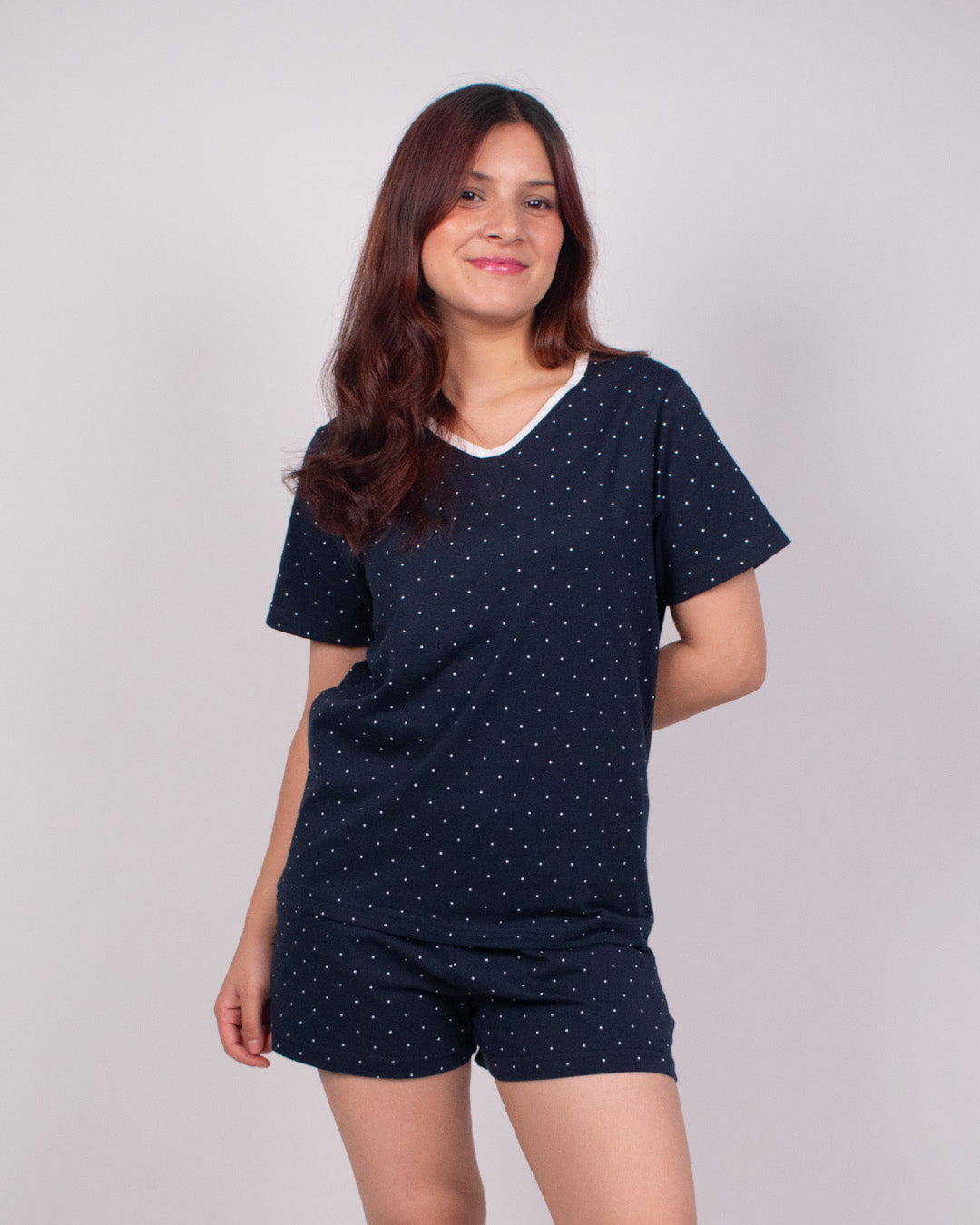 Confetti Cotton Shorts Set – navy polka-dot short-sleeve top with matching shorts, worn by model