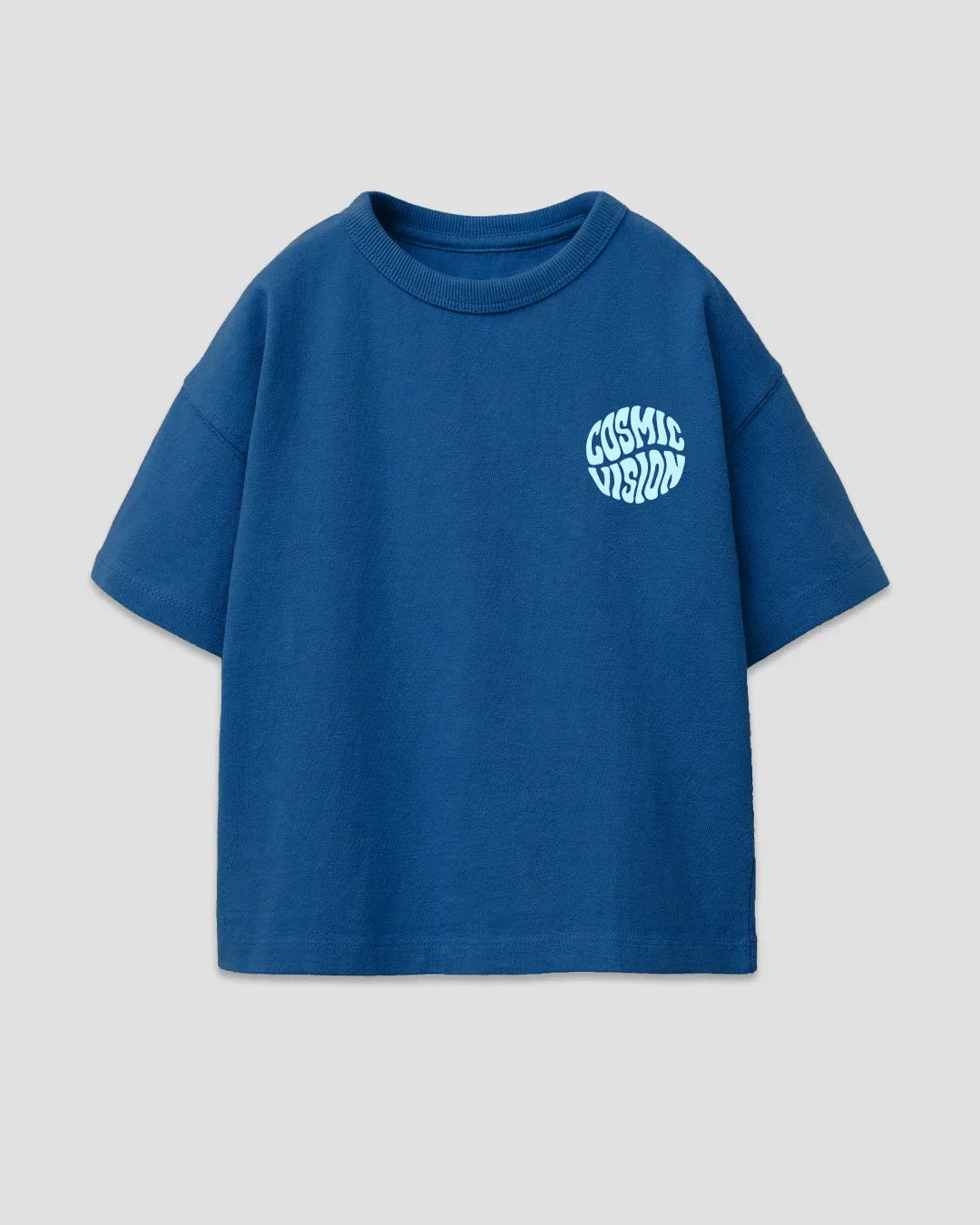 Cosmic Vision Boxy Oversize T-Shirt – blue boxy tee with a light-blue circular Cosmic Vision graphic, shown in flat lay