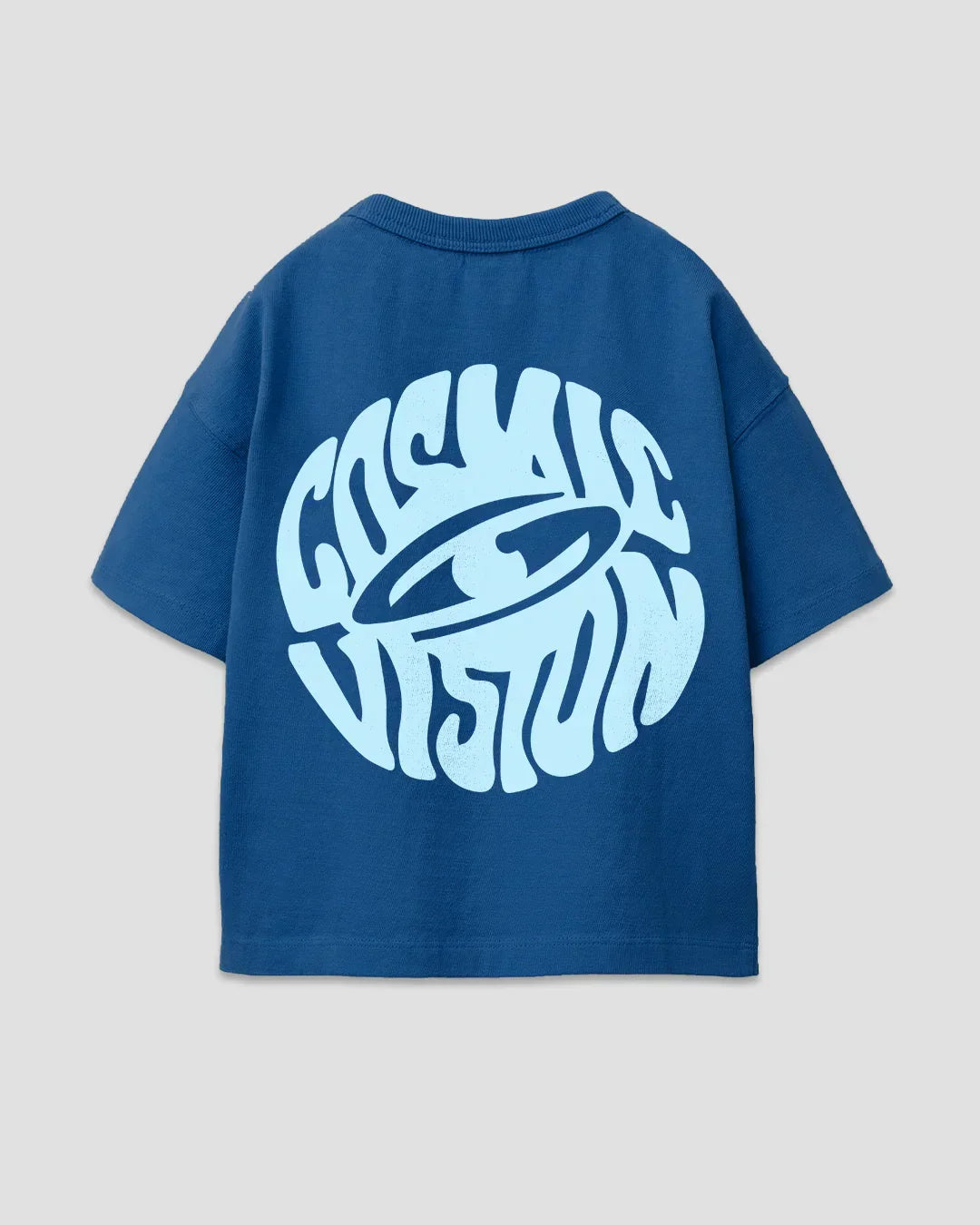 Cosmic Vision Boxy Oversize T-Shirt by DKY – blue boxy tee with light-blue circular graphic on back, shown in flat lay