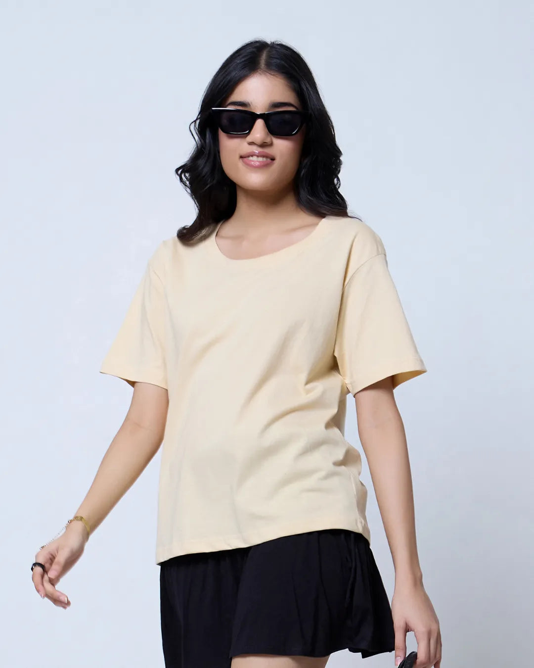 Cream Plain Boxy Oversize T-Shirt - cream color, boxy oversized fit, worn by model