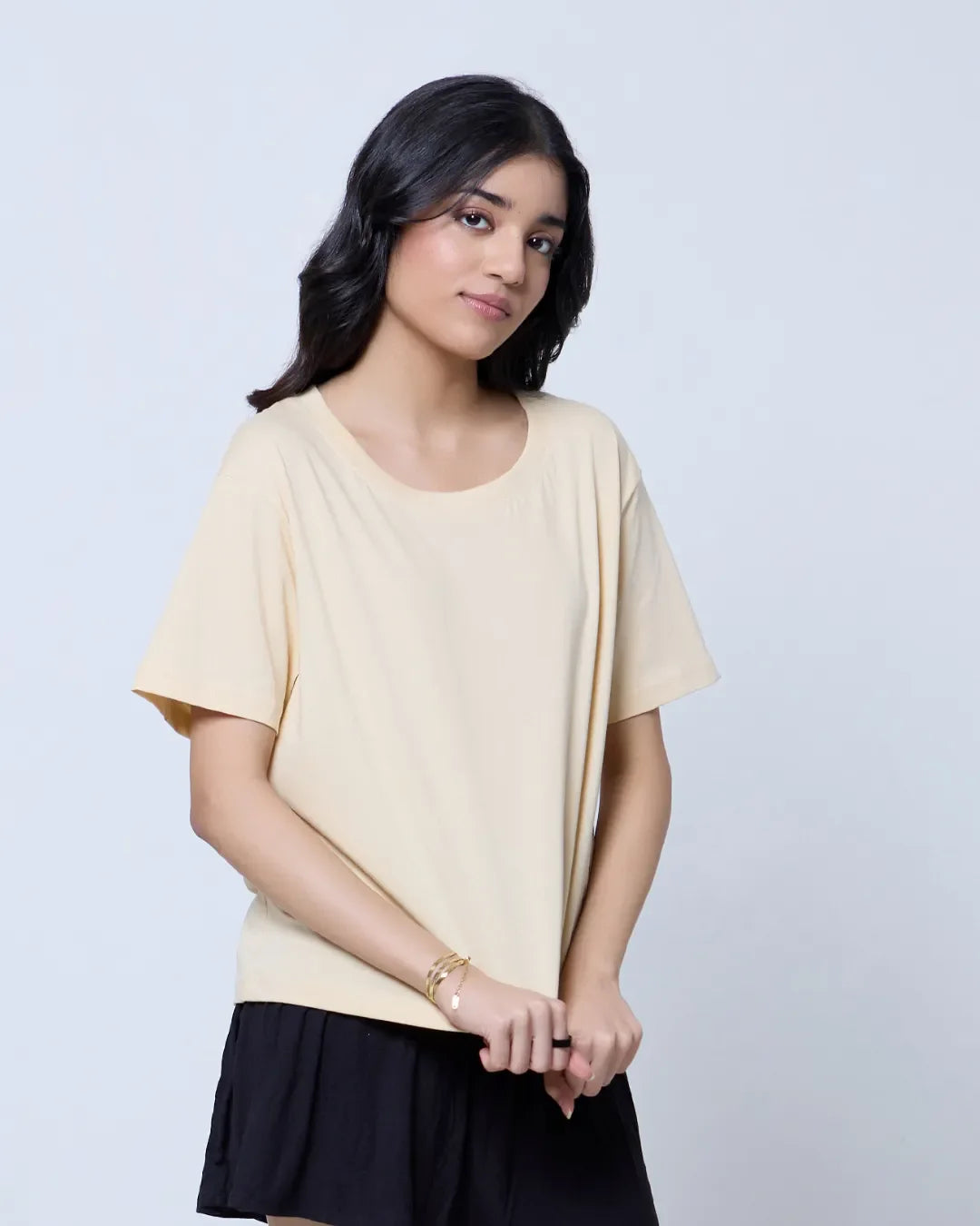 Cream Plain Boxy Oversize T-Shirt – cream color, relaxed boxy fit, worn by model
