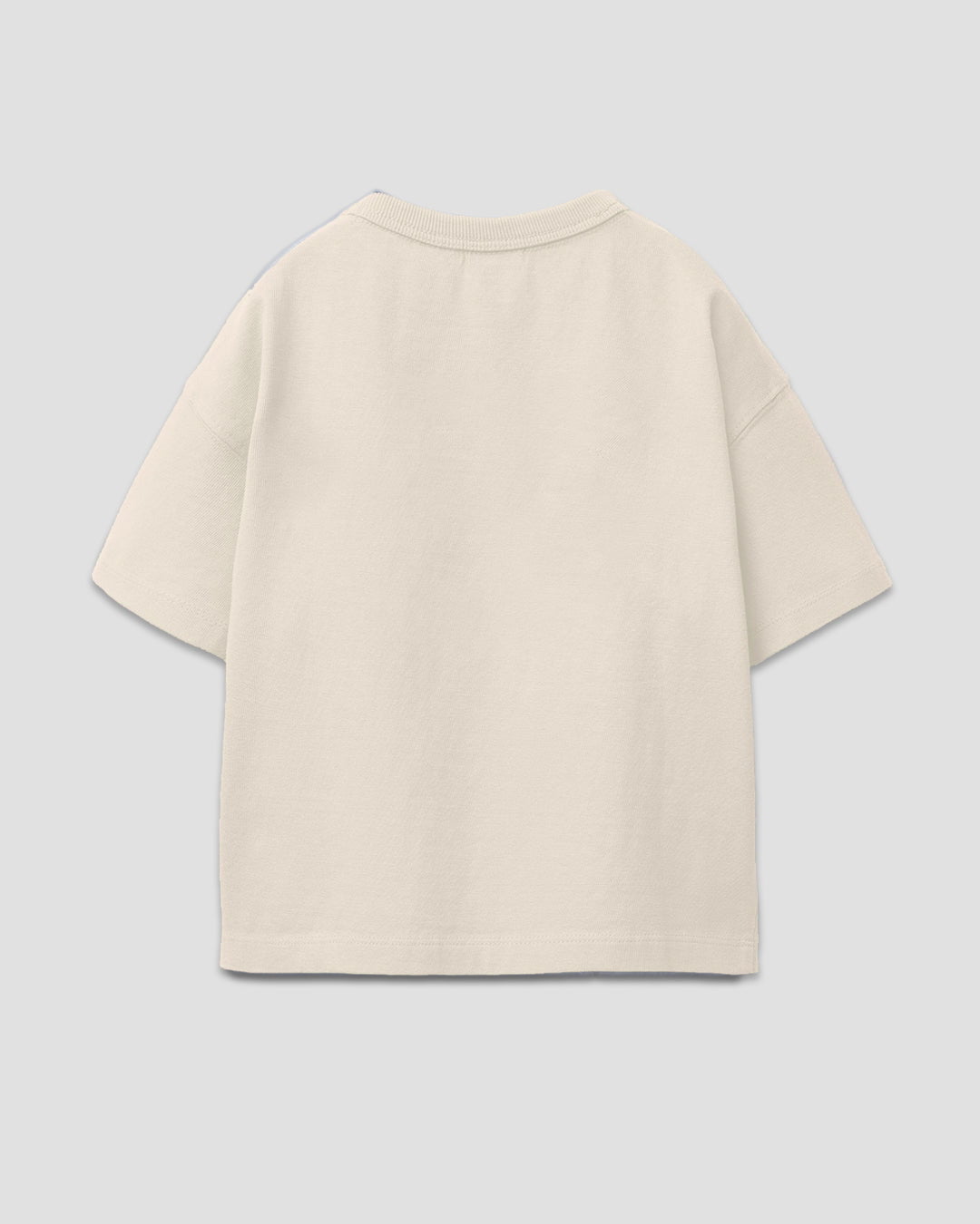 Cream plain boxy oversize t-shirt, short sleeves, back view, flat lay.