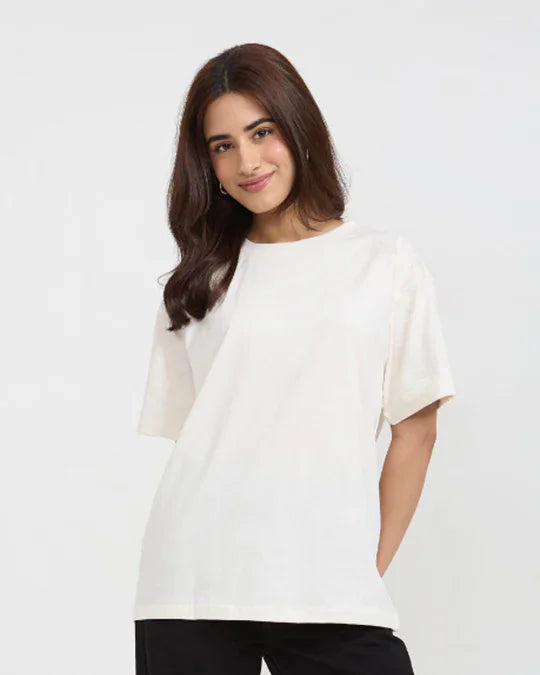 RB Cream Plain Oversized T-Shirt by Real Baysics, cream color, 100% pure fabric, OS tee