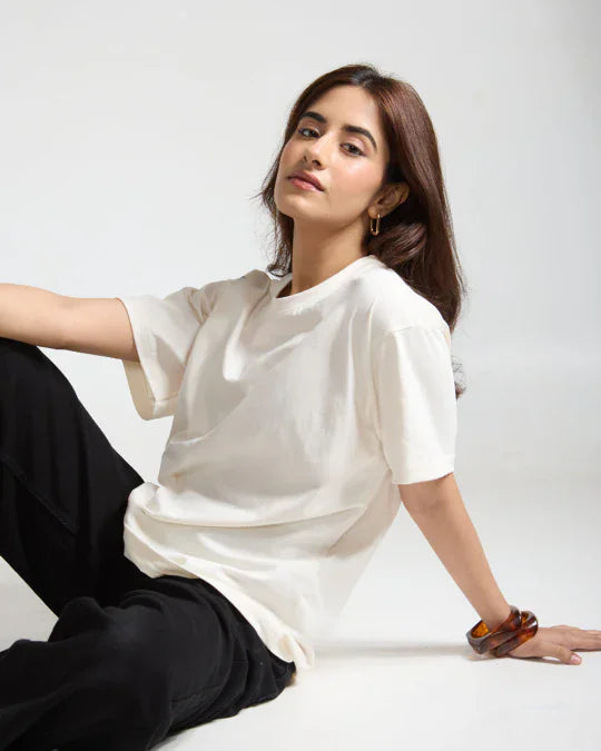 RB Cream Plain Oversized T-Shirt for Women Online In India | Dky