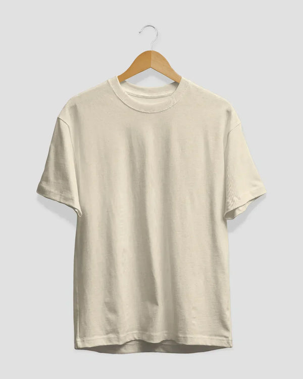 RB Cream Plain T-Shirt by Real Baysics, 100% pure fabric, cream short-sleeve tee on hanger