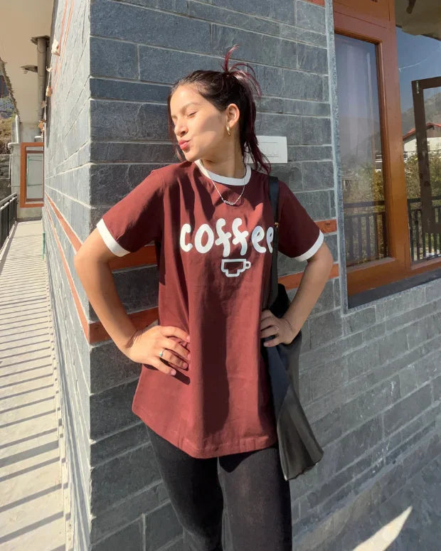 Cup Of Joe Tap Out T-Shirt – maroon regular tee with a white coffee cup graphic, relaxed fit worn by model