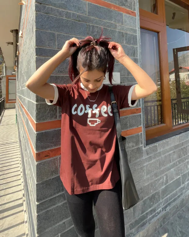 Cup Of Joe Tap Out T-Shirt - maroon regular tee with coffee graphic, worn by model