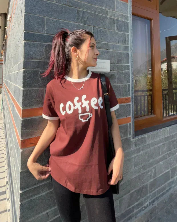 Cup Of Joe Tap Out T-Shirt by DKY – maroon regular tee with white coffee graphic, worn by model