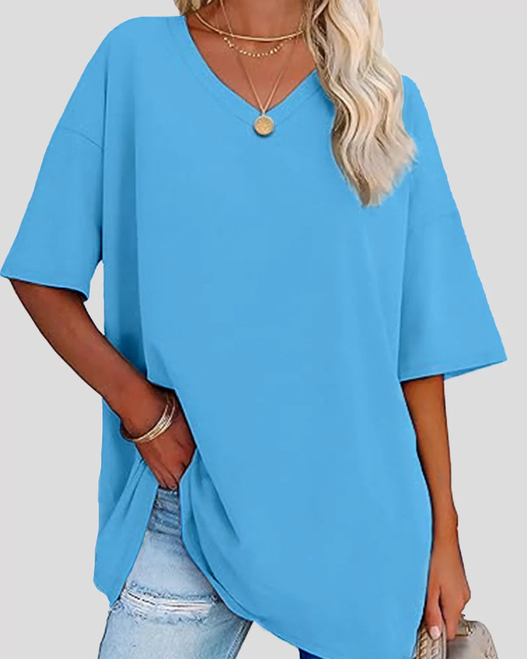 Denim Blue Plain V-Neck Oversized T-Shirt