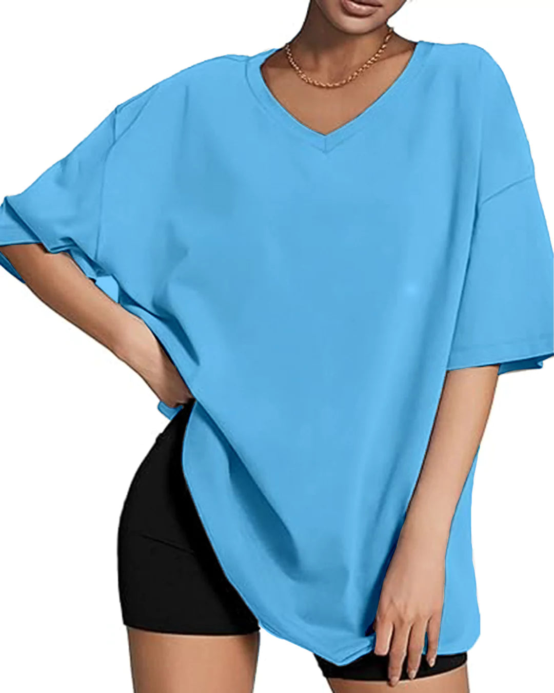 Denim Blue Plain V-Neck Oversized T-Shirt