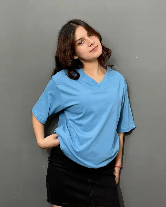 Denim Blue Plain V-Neck Oversize T-Shirt - Shop Printed T shirt for Women Online In India | LoveDky