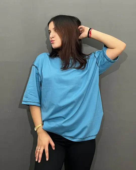 Denim Blue Reverse Weave Plain Oversized T-Shirt – roomy fit with plain design, worn by model