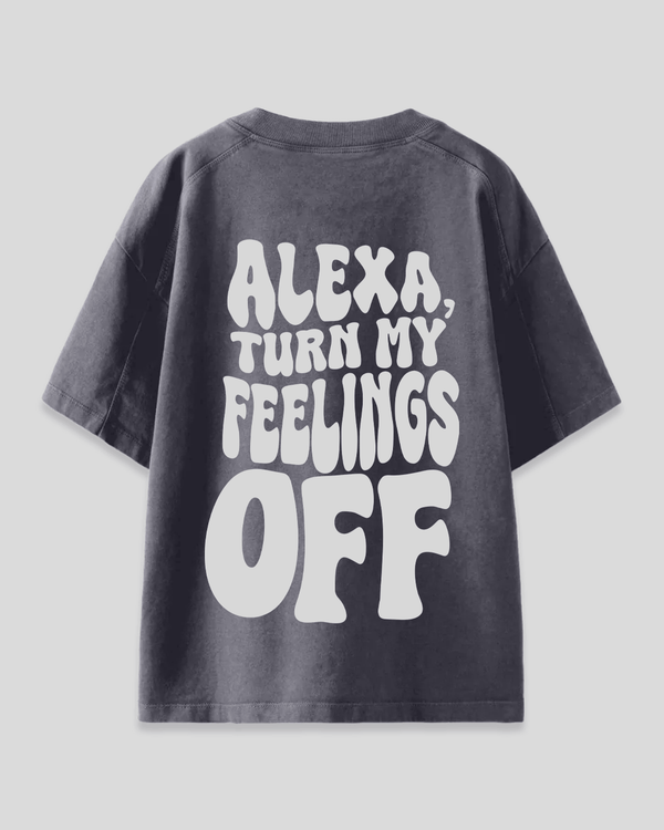 DG Turn Off My Feelings Oversized T-Shirt - charcoal gray tee with ALEXA, TURN MY FEELINGS OFF, flat lay