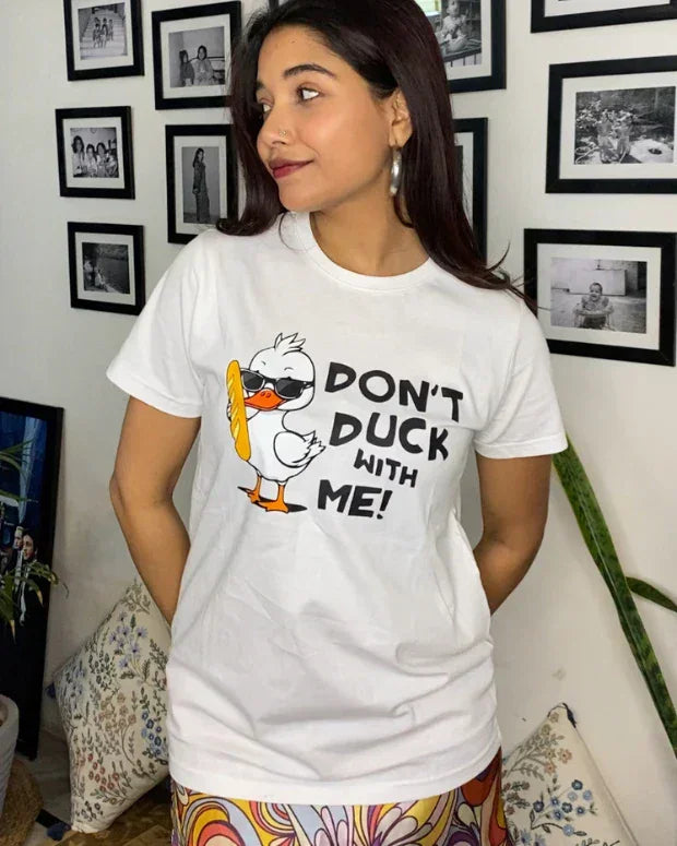 Don't Duck With Me T-Shirt - white regular graphic tee with a cartoon duck design, worn by model