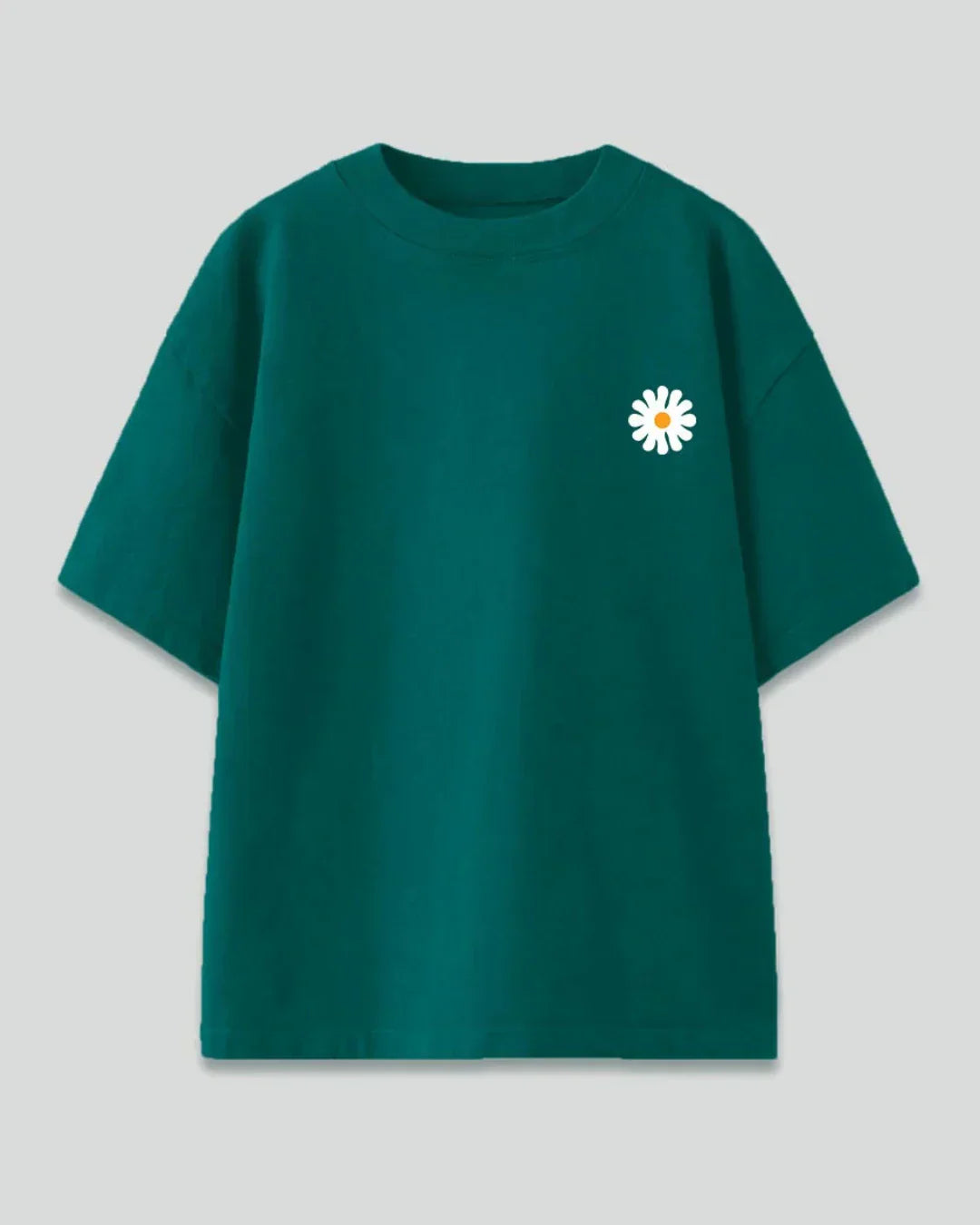 Don't Overthink It Oversized T-Shirt – green graphic tee with a white daisy, shown in flat lay