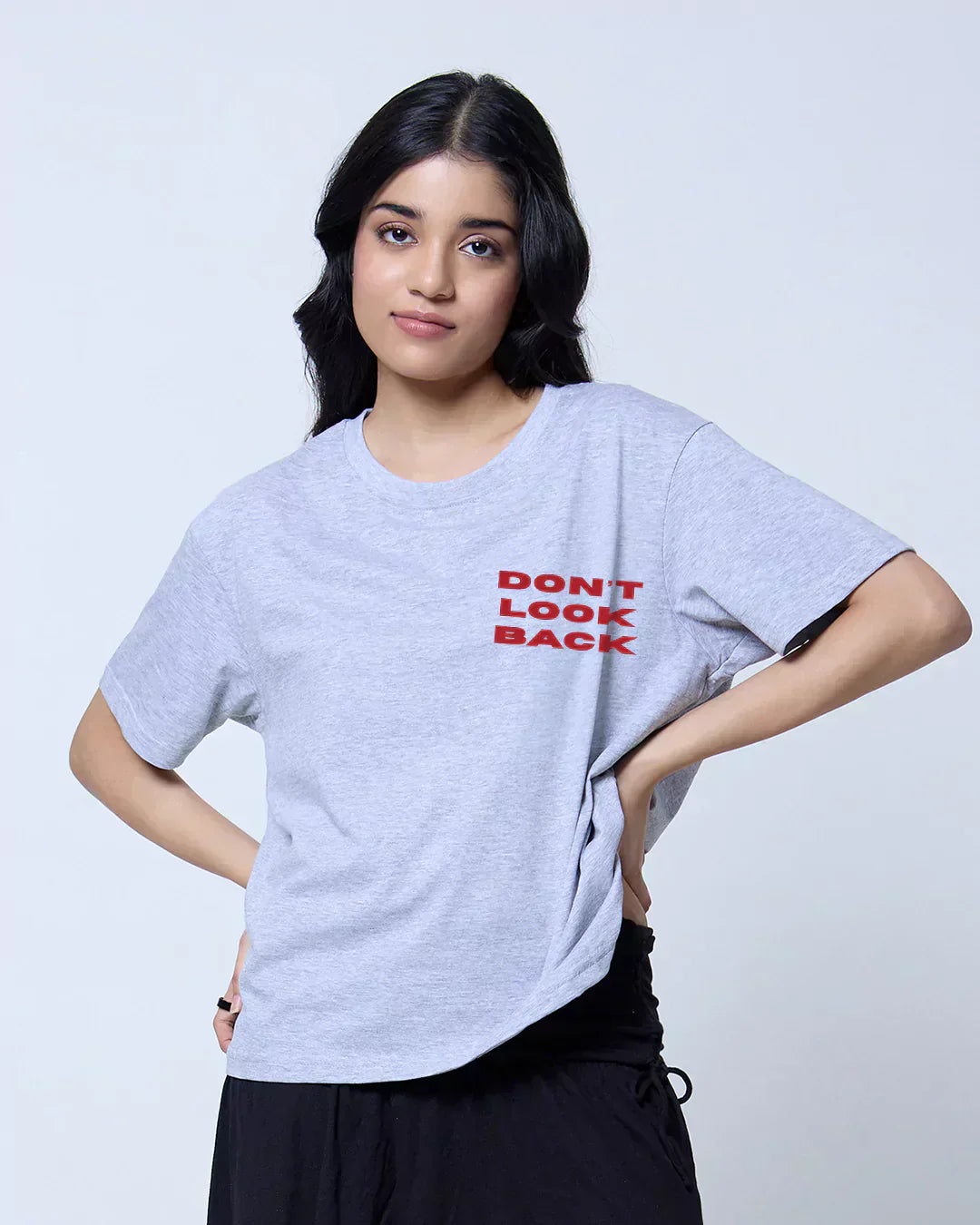 Dont Look Back Boxy Oversize T-Shirt – heather gray boxy OS minimal tee with red graphic text, worn by model