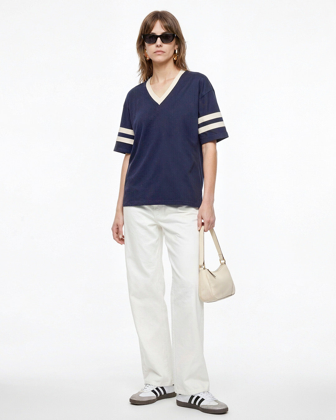 Navy Blue Courtside V-Neck Plain Oversize T-Shirt