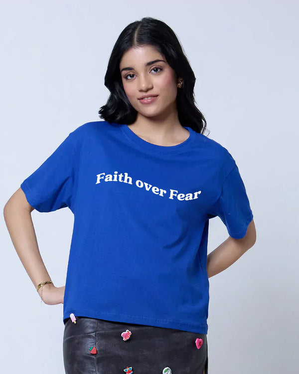 Buy Faith Over Fear Royal Blue Boxy Oversize T-Shirt for Women Online | Dky
