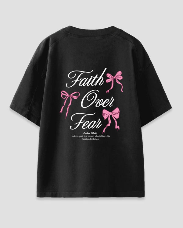 Faith Over Fear Oversized T-Shirt – black graphic tee with white script Faith Over Fear and pink bow motifs, back view