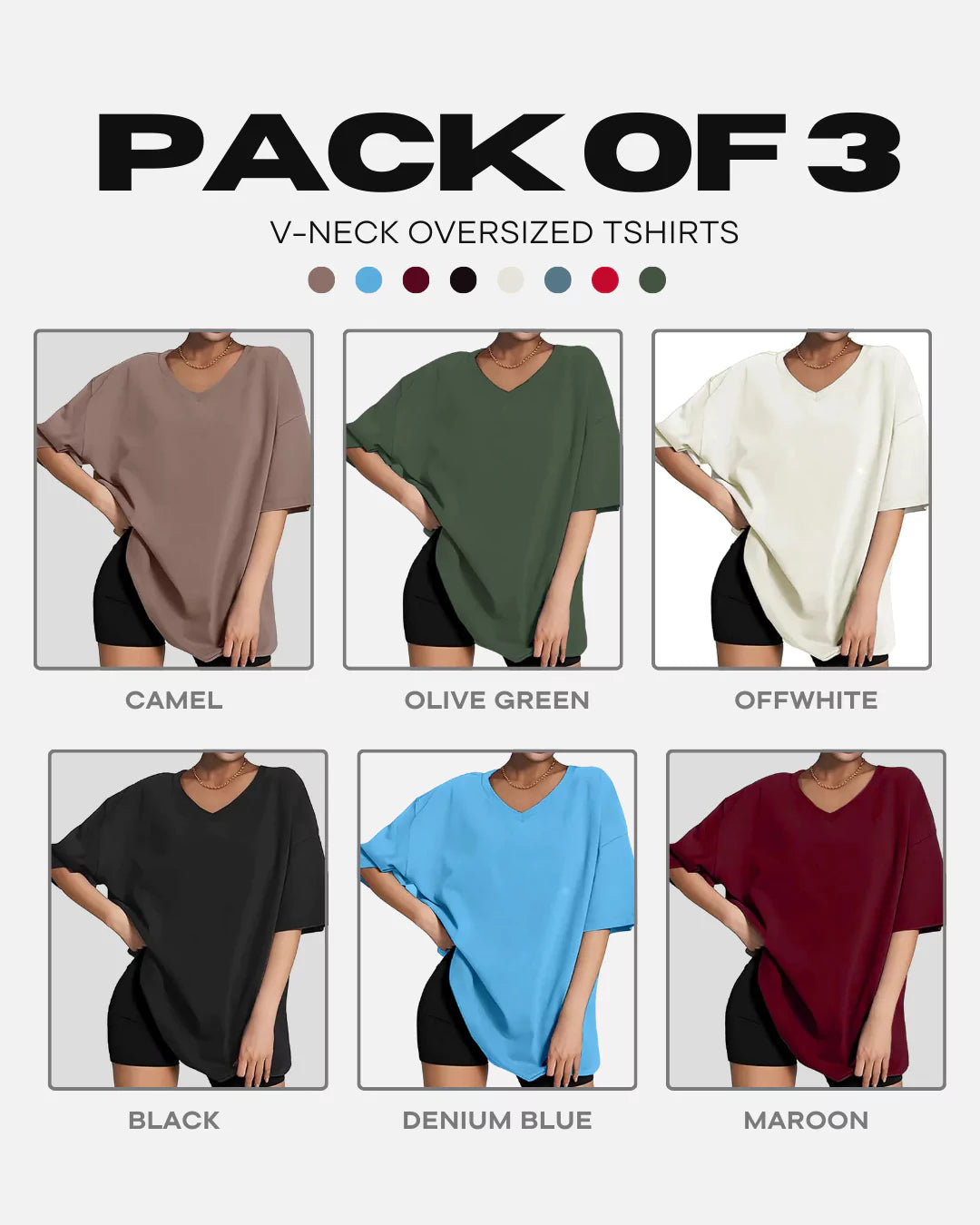 Solid Pack of 3 : V-Neck Oversized Plain T-shirts