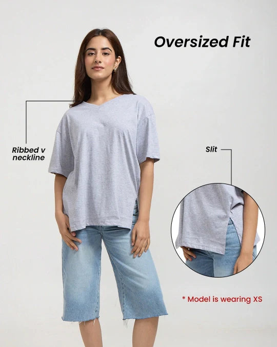 RB Grey Melange Plain V-Neck Oversize T-Shirt