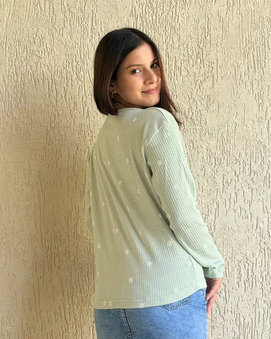 Floral Scoop Neck T-Shirt – mint green ribbed knit top with small white flowers, worn by model