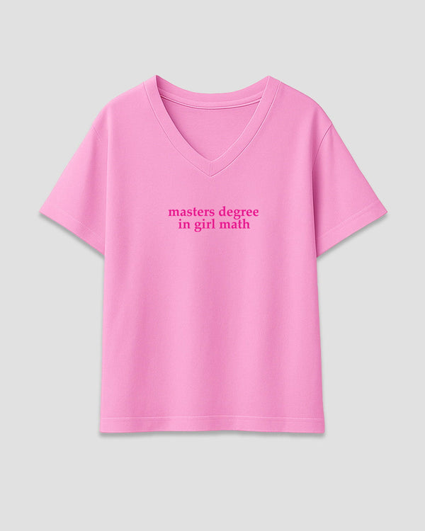 Girl Math V-Neck Oversize T-Shirt – pink tee with masters degree in girl math print, shown in flat lay