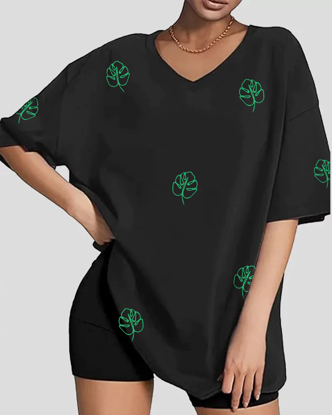 Leaf Print V-Neck Oversized T-Shirt