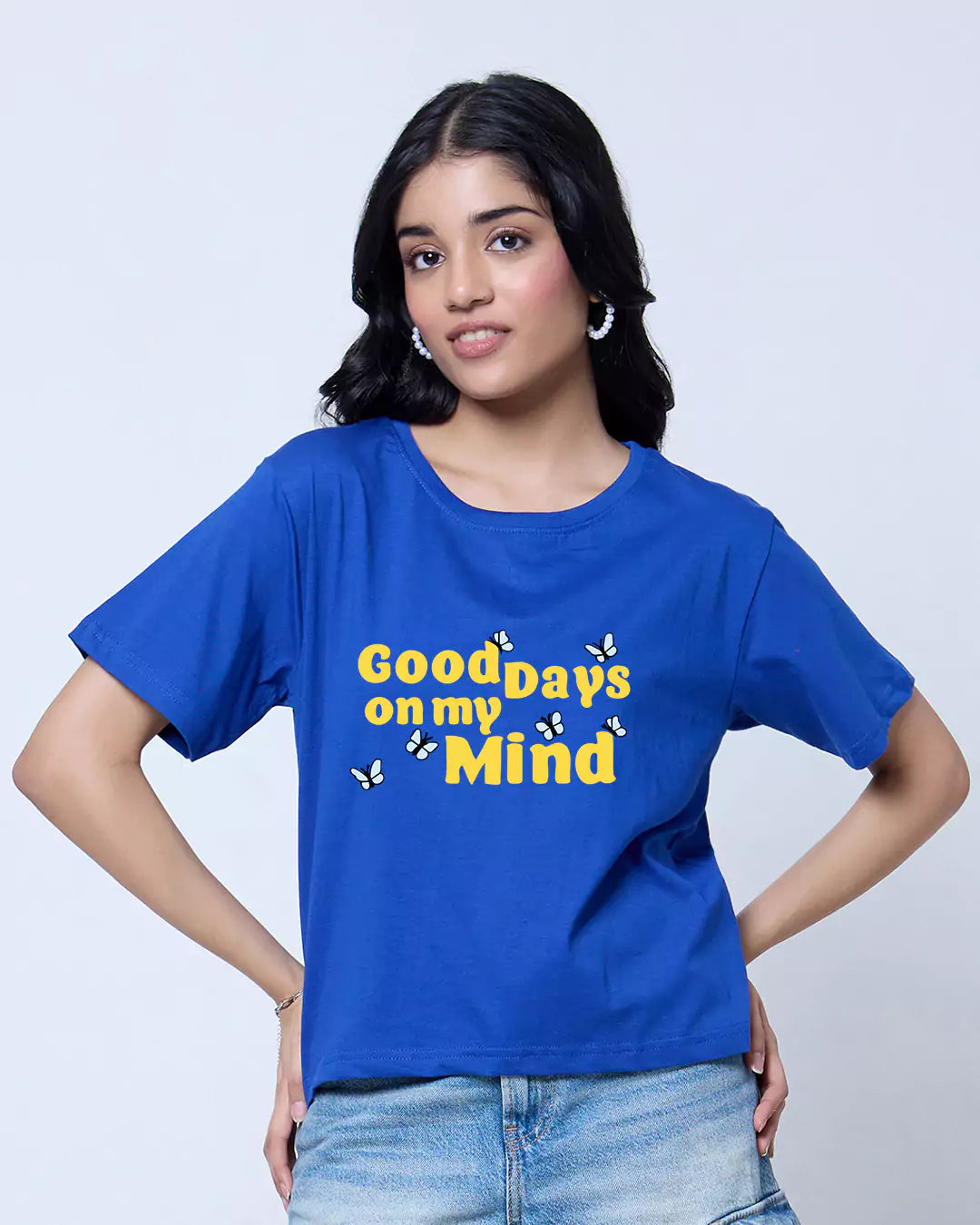 Good Days On My Mind RB Boxy T-Shirt – royal blue boxy tee with yellow graphic text and butterflies, worn by model
