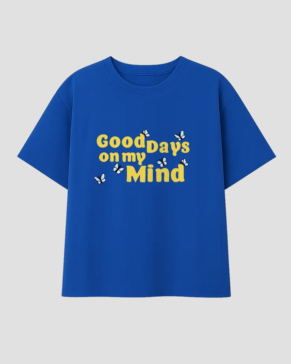 Good Days On My Mind RB Boxy T-Shirt – blue boxy tee with yellow text and butterfly graphics, shown in flat lay