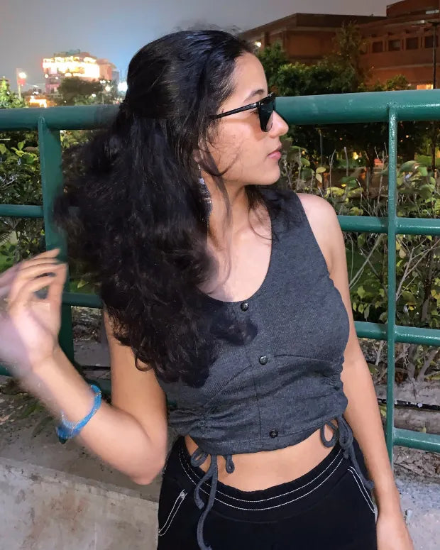 Grey Button Down Crop Top - Shop Printed T shirt for Women Online In India | LoveDky