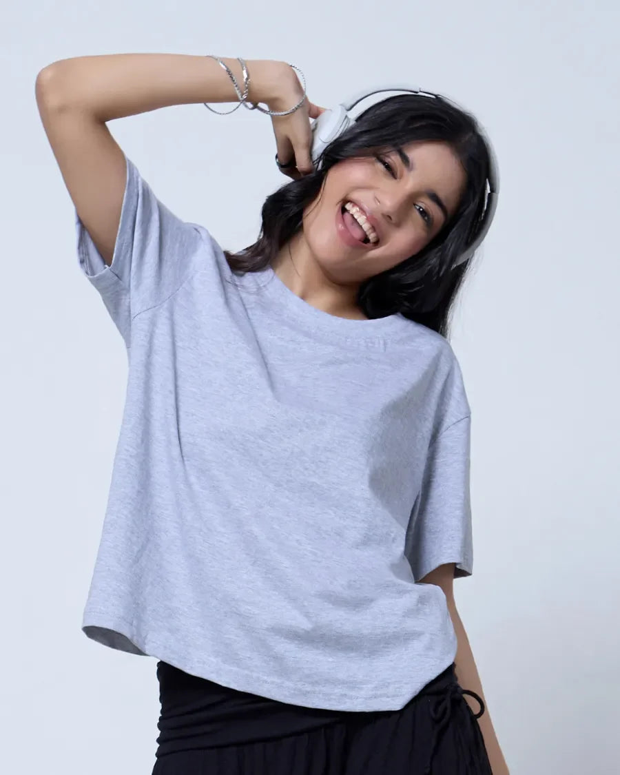Grey Melange Plain Boxy Oversize T-Shirt – grey, boxy oversized plain tee worn by model with headphones
