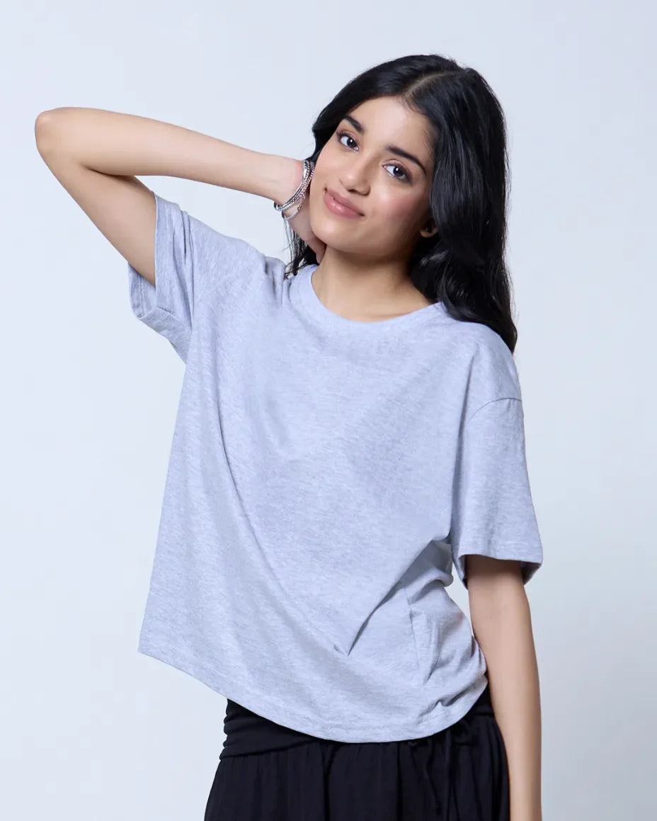 Grey Melange Plain Boxy Oversize T-Shirt by DKY, worn by model in a relaxed loose silhouette