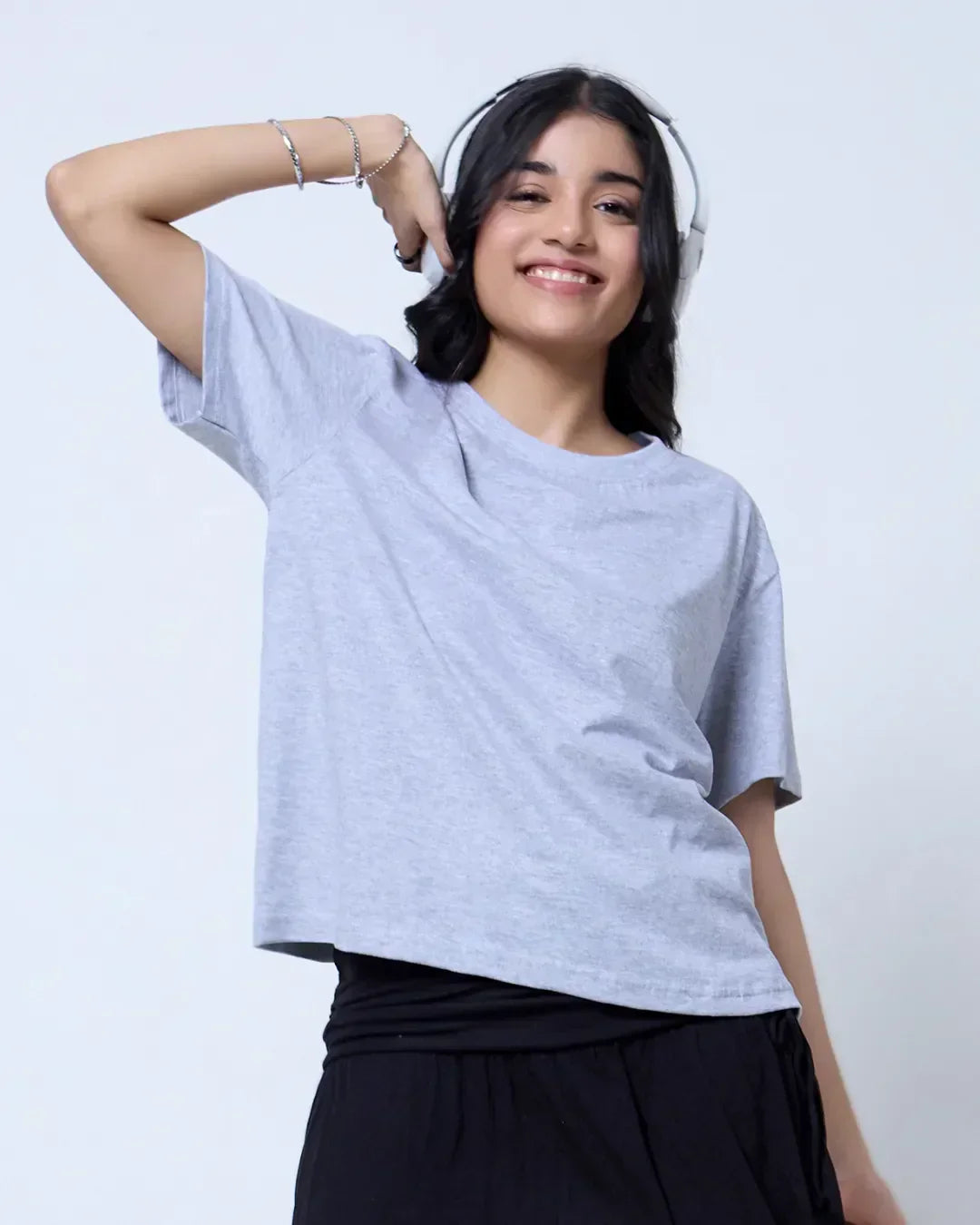 Grey Melange Plain Boxy Oversize T-Shirt – oversized fit, plain design, worn by model