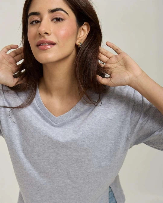 Grey Melange Plain V-Neck Oversized T-Shirt – DKY, relaxed-fit V-neck tee worn by model