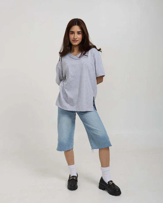 Grey Melange Plain V-Neck Oversized T-Shirt – grey melange oversized t-shirt with plain design, worn by model