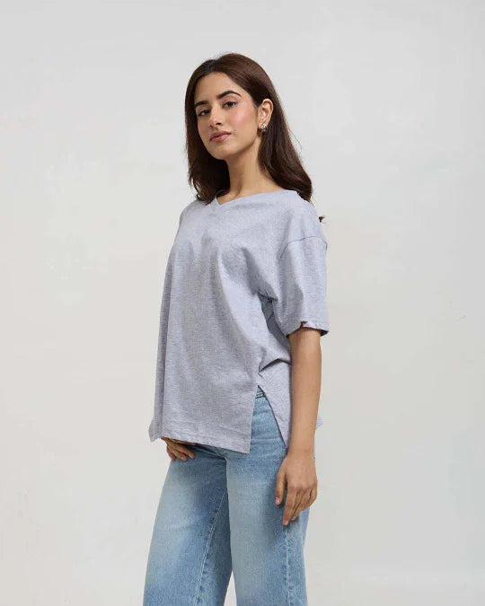 Grey Melange Plain V-Neck Oversized T-Shirt – heather grey, oversized fit, DKY tee worn by model
